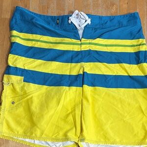 G21 Men's Blue and Yellow Stripe Swim Trunks